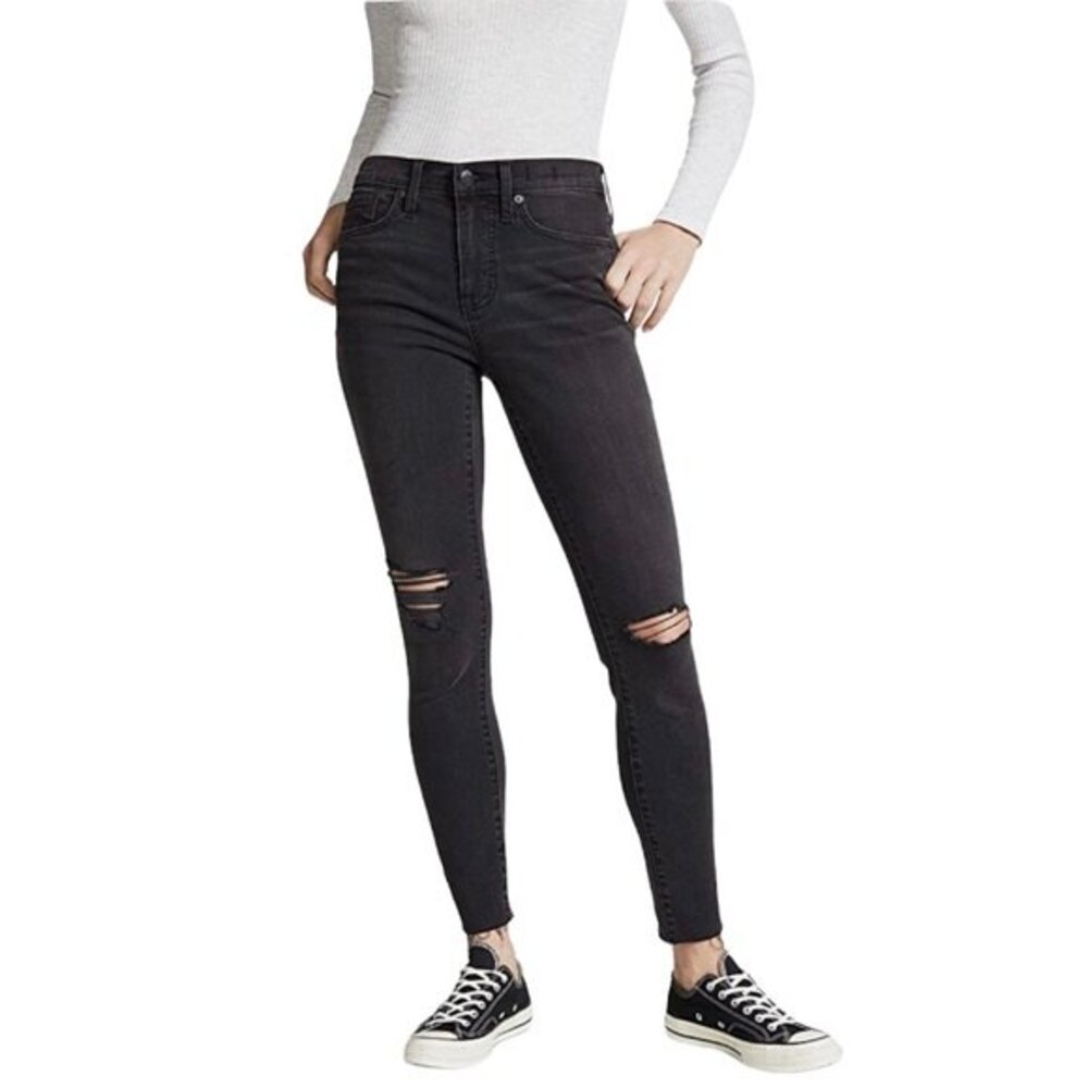 Madewell 9” High Rise Skinny Jeans Distressed Raw Hem Black Wash Denim Size 26